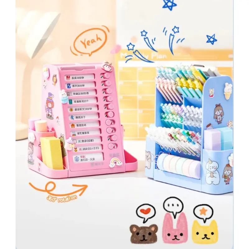 New Rotatable Pen Holder Large Capacity Desk Organizer Self Disciplined Clock in Day Planner Storage Box Pencil Holder Punches