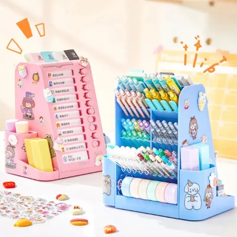 New Rotatable Pen Holder Large Capacity Desk Organizer Self Disciplined Clock in Day Planner Storage Box Pencil Holder Punches