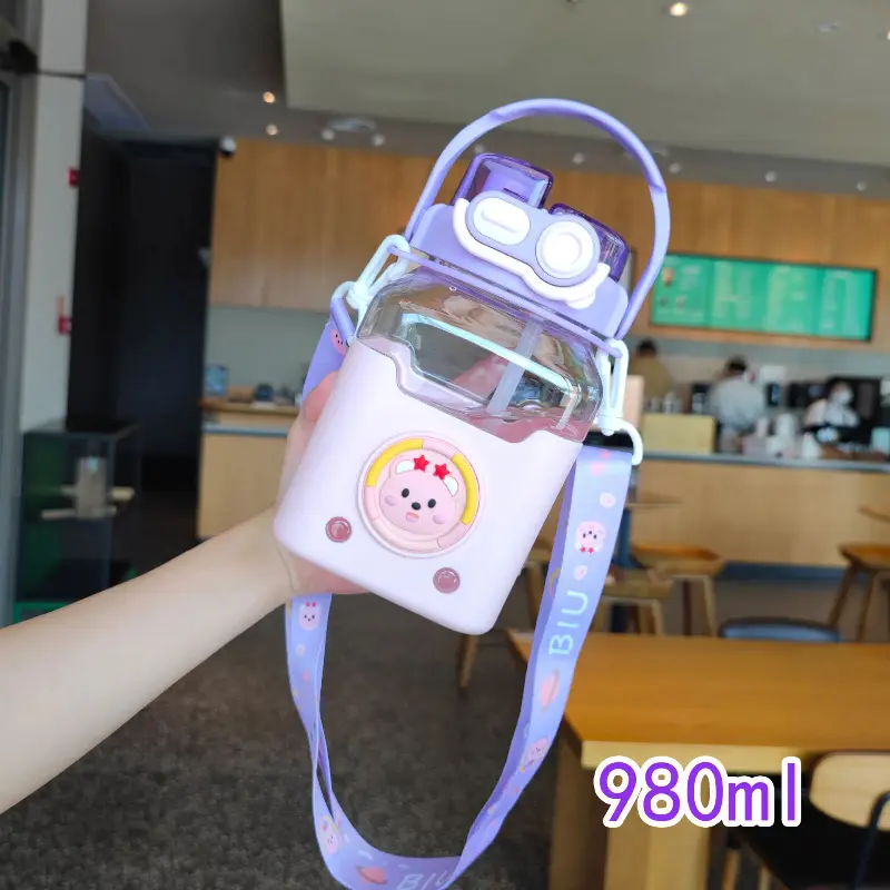 Cartoon Children's Summer Water Bottle Straw Bottle Boys and Girls Drinking Water Cup Students Portable Water Bottle