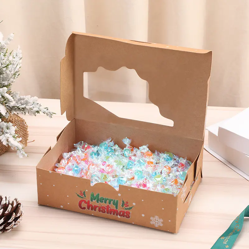 4pcs Christmas Kraft Paper Gift Boxes with Clear Window Festive Holiday Design Foldable Candy and Bakery Treat Packaging