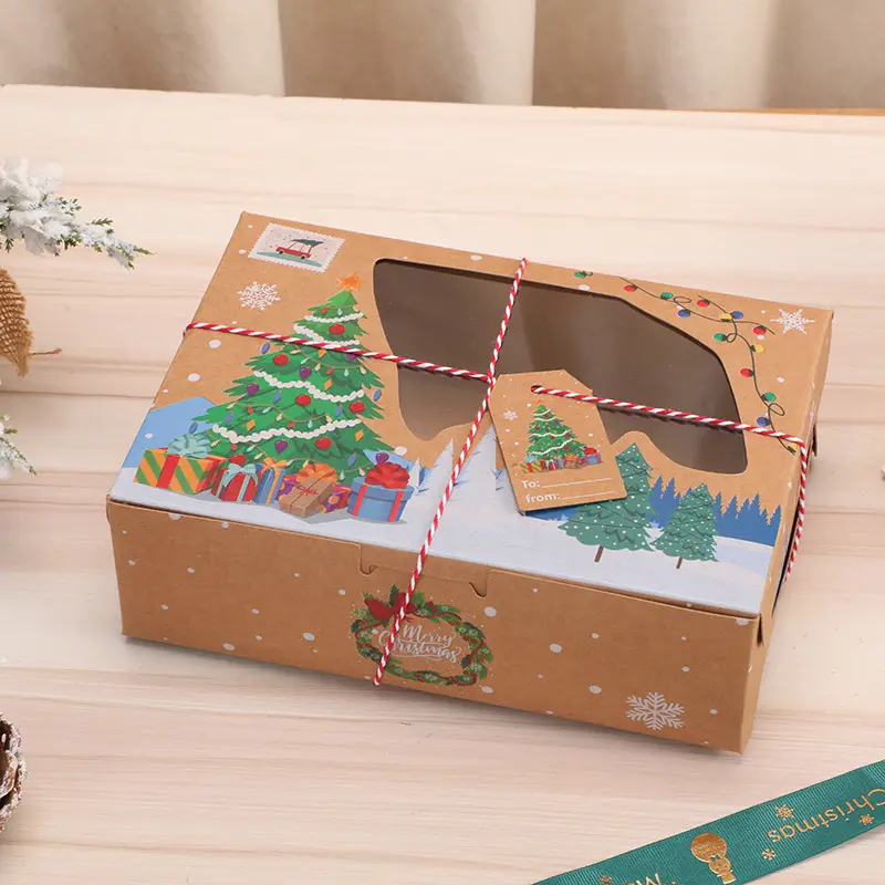 4pcs Christmas Kraft Paper Gift Boxes with Clear Window Festive Holiday Design Foldable Candy and Bakery Treat Packaging