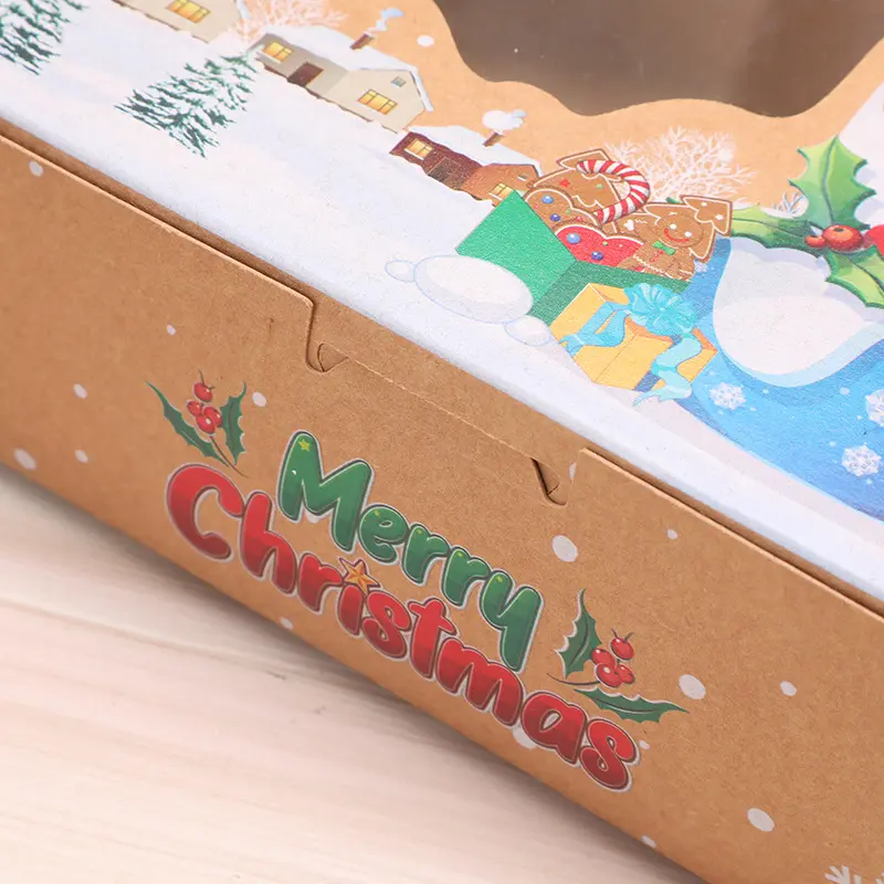 4pcs Christmas Kraft Paper Gift Boxes with Clear Window Festive Holiday Design Foldable Candy and Bakery Treat Packaging