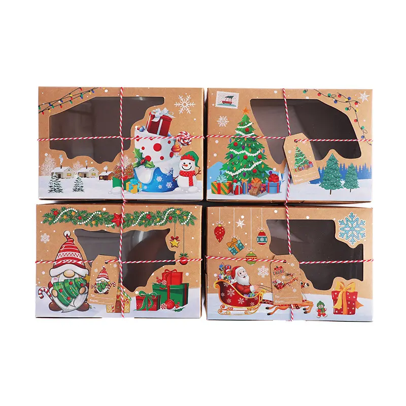 4pcs Christmas Kraft Paper Gift Boxes with Clear Window Festive Holiday Design Foldable Candy and Bakery Treat Packaging