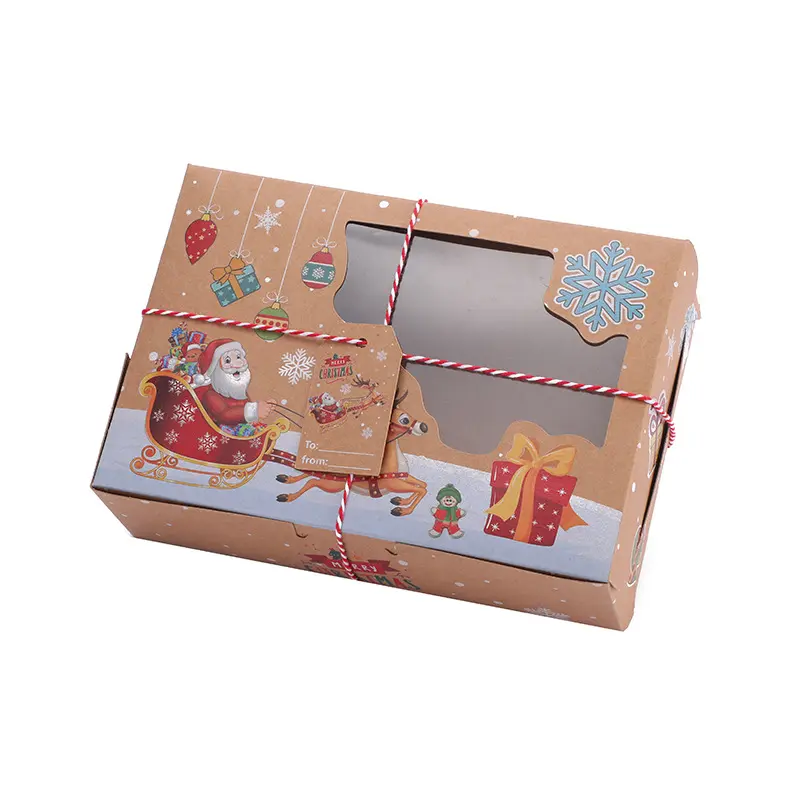 4pcs Christmas Kraft Paper Gift Boxes with Clear Window Festive Holiday Design Foldable Candy and Bakery Treat Packaging