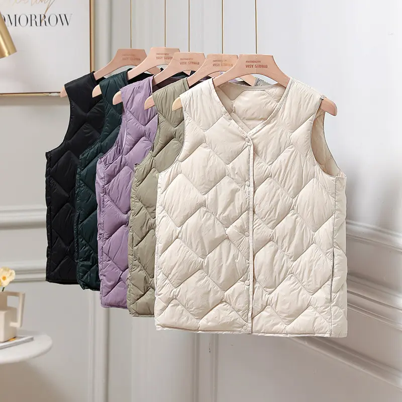 New Women Ultralight White Duck Down Long Vest Sleeveless Jacket Argyle Autumn Winter  Chinese and Korean Fashion