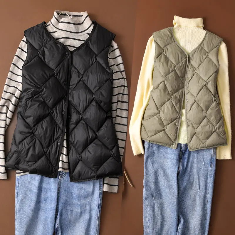 New Women Ultralight White Duck Down Long Vest Sleeveless Jacket Argyle Autumn Winter  Chinese and Korean Fashion
