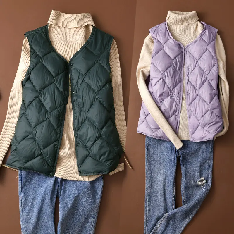 New Women Ultralight White Duck Down Long Vest Sleeveless Jacket Argyle Autumn Winter  Chinese and Korean Fashion