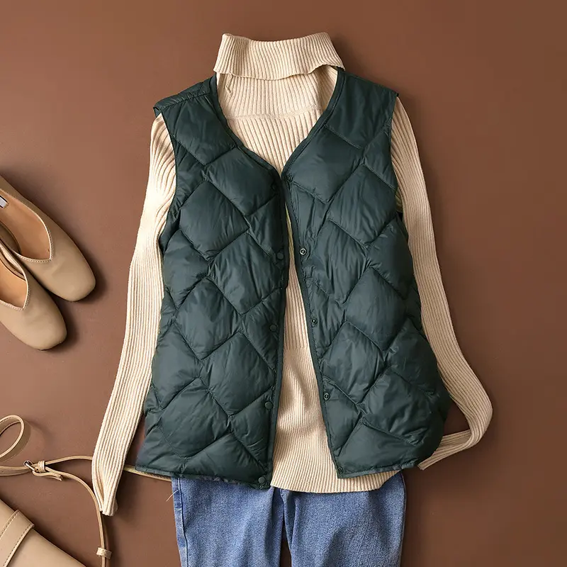 New Women Ultralight White Duck Down Long Vest Sleeveless Jacket Argyle Autumn Winter  Chinese and Korean Fashion