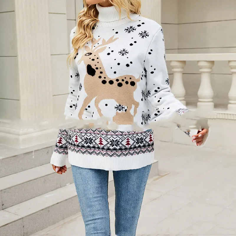 Women Christmas Deer Sweater Warm Knitted Long Sleeve Jumper Tops O-Neck Casual Ugly Blouse Christmas Pullovers Sweater