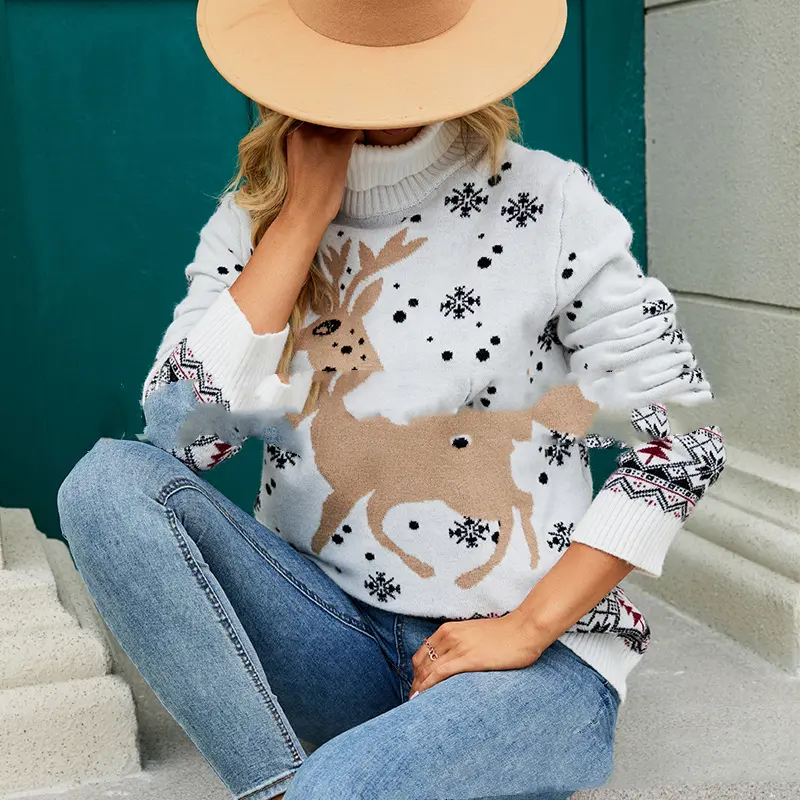 Women Christmas Deer Sweater Warm Knitted Long Sleeve Jumper Tops O-Neck Casual Ugly Blouse Christmas Pullovers Sweater