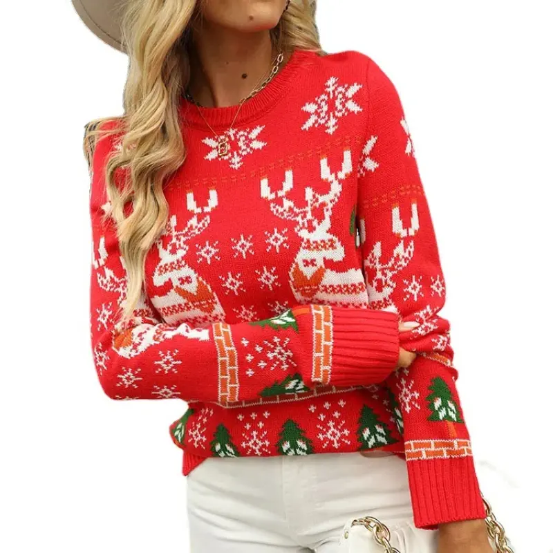 Christmas Season Women's Red Sweater Loose-fit Thickened Winter 2022 New Style Knitted Pullover Outerwear Crew Neck Top