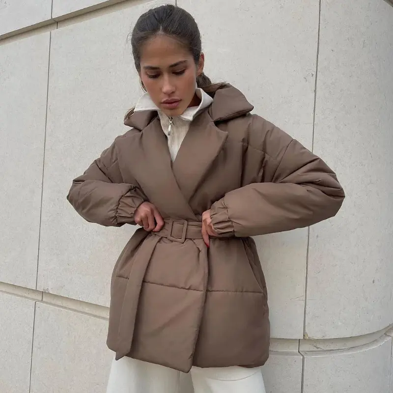 Women Cotton Puffer Loose Turndown Collar Parkas Coats Vintage Bread Tie Waist Jackets Outwear Winter Ladies Warm Quilted Jacket