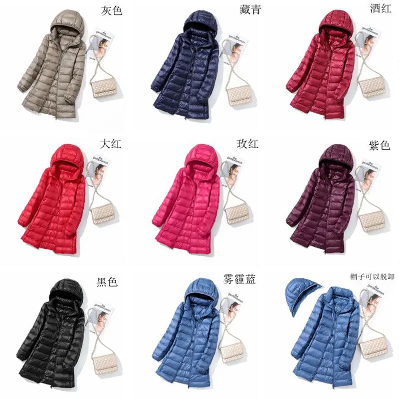 Women Down Coat  Autumn Winter Light White Duck Down Jacket Warm Hat Detachable Puffer Parkas Lady Long Hooded Outwears