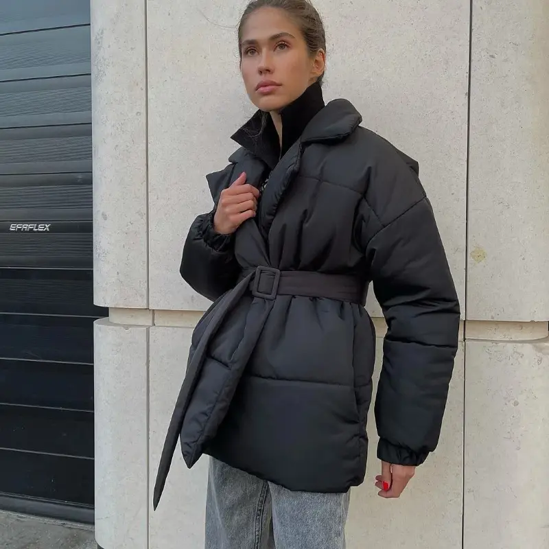 Women Cotton Puffer Loose Turndown Collar Parkas Coats Vintage Bread Tie Waist Jackets Outwear Winter Ladies Warm Quilted Jacket