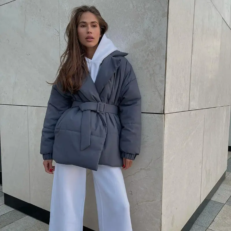 Women Cotton Puffer Loose Turndown Collar Parkas Coats Vintage Bread Tie Waist Jackets Outwear Winter Ladies Warm Quilted Jacket