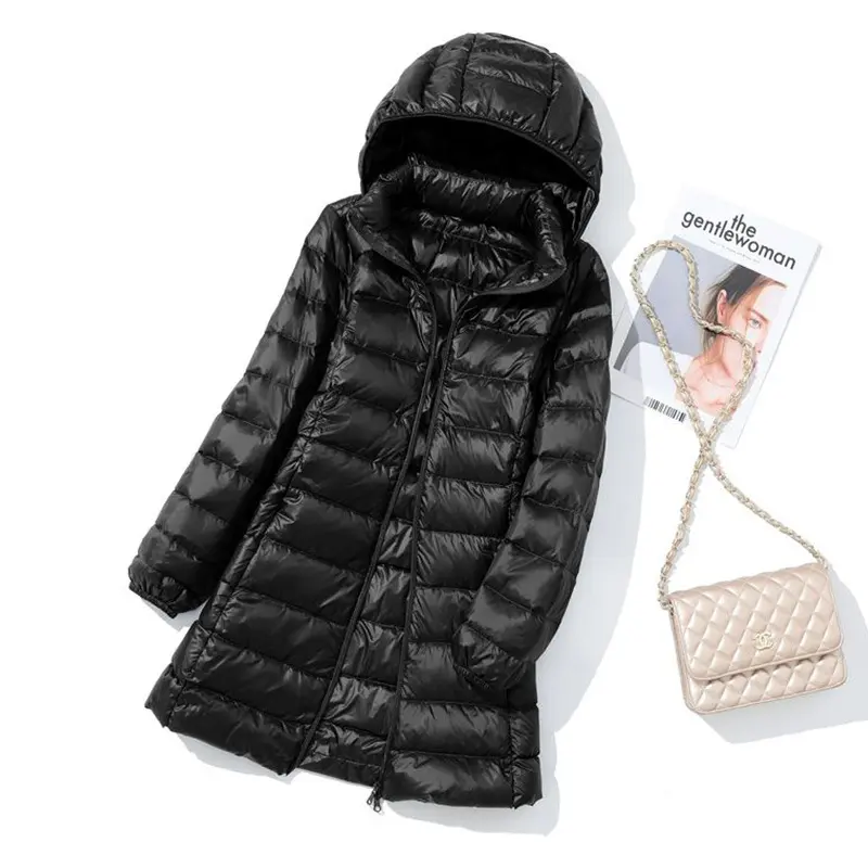 Women Down Coat  Autumn Winter Light White Duck Down Jacket Warm Hat Detachable Puffer Parkas Lady Long Hooded Outwears