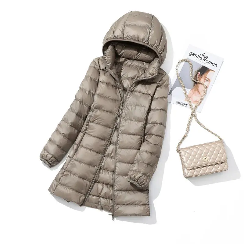 Women Down Coat  Autumn Winter Light White Duck Down Jacket Warm Hat Detachable Puffer Parkas Lady Long Hooded Outwears