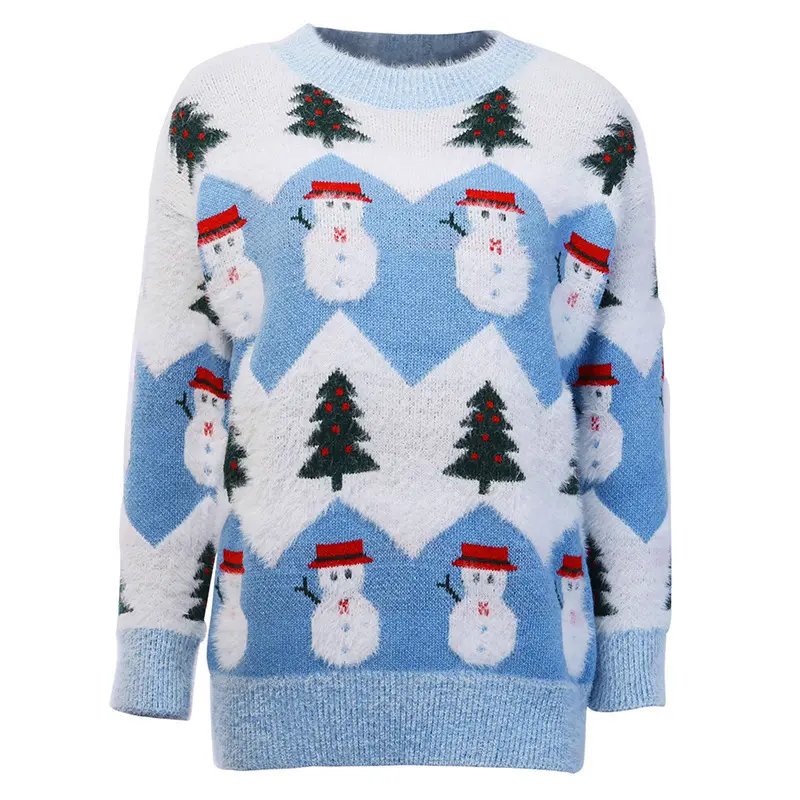 Winter Print Christmas Snowman Sweater Blouse Round Neck Knitted Pullover Loose Knit Sweater Women Knit Pullover Blouse
