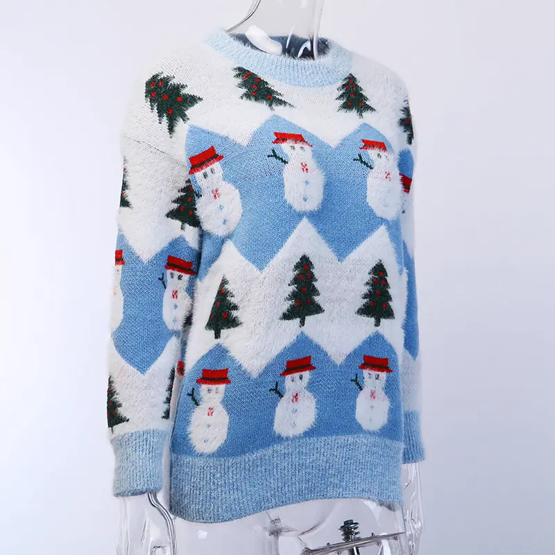 Winter Print Christmas Snowman Sweater Blouse Round Neck Knitted Pullover Loose Knit Sweater Women Knit Pullover Blouse