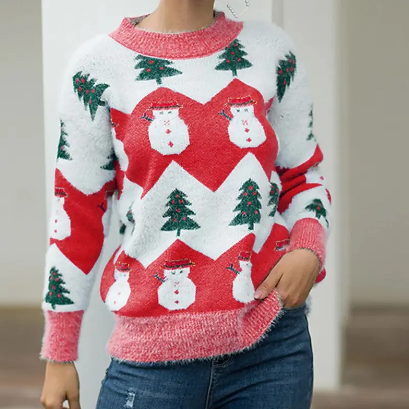 Winter Print Christmas Snowman Sweater Blouse Round Neck Knitted Pullover Loose Knit Sweater Women Knit Pullover Blouse