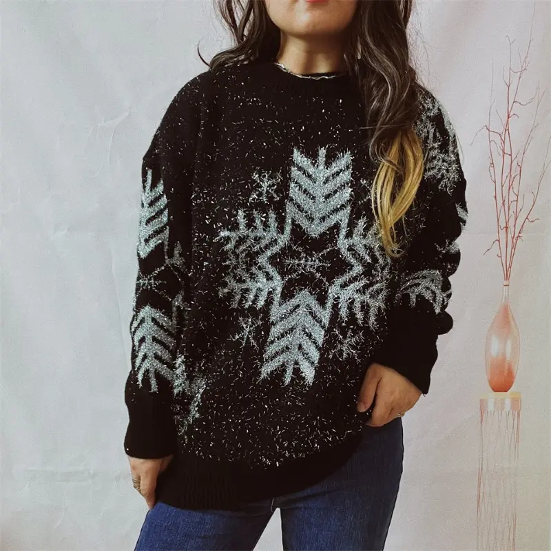 2024 Women's Pullover Sweaters Christmas Snowflake Print Crewneck Sweater Casual Warm Knitwear Sweaters Winter Casual Relaxed