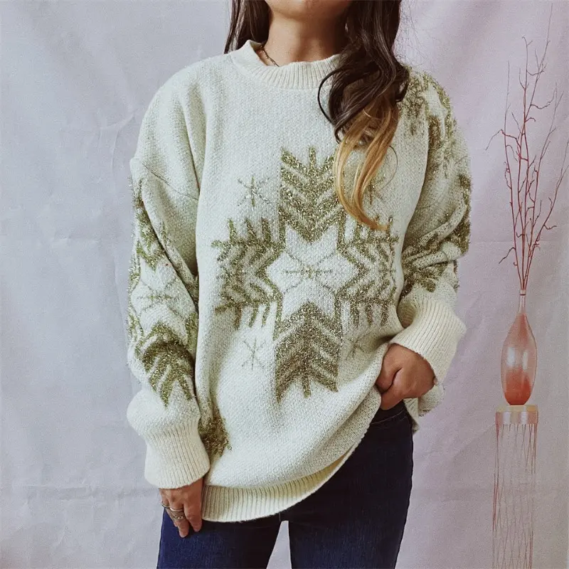2024 Women's Pullover Sweaters Christmas Snowflake Print Crewneck Sweater Casual Warm Knitwear Sweaters Winter Casual Relaxed