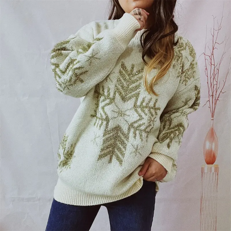 2024 Women's Pullover Sweaters Christmas Snowflake Print Crewneck Sweater Casual Warm Knitwear Sweaters Winter Casual Relaxed