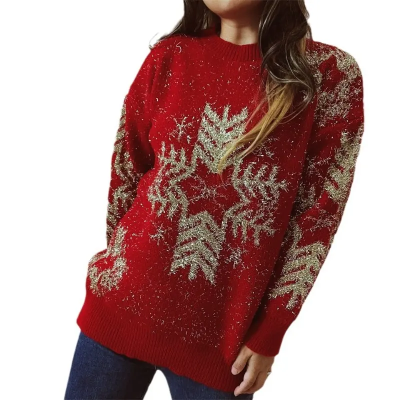 2024 Women's Pullover Sweaters Christmas Snowflake Print Crewneck Sweater Casual Warm Knitwear Sweaters Winter Casual Relaxed