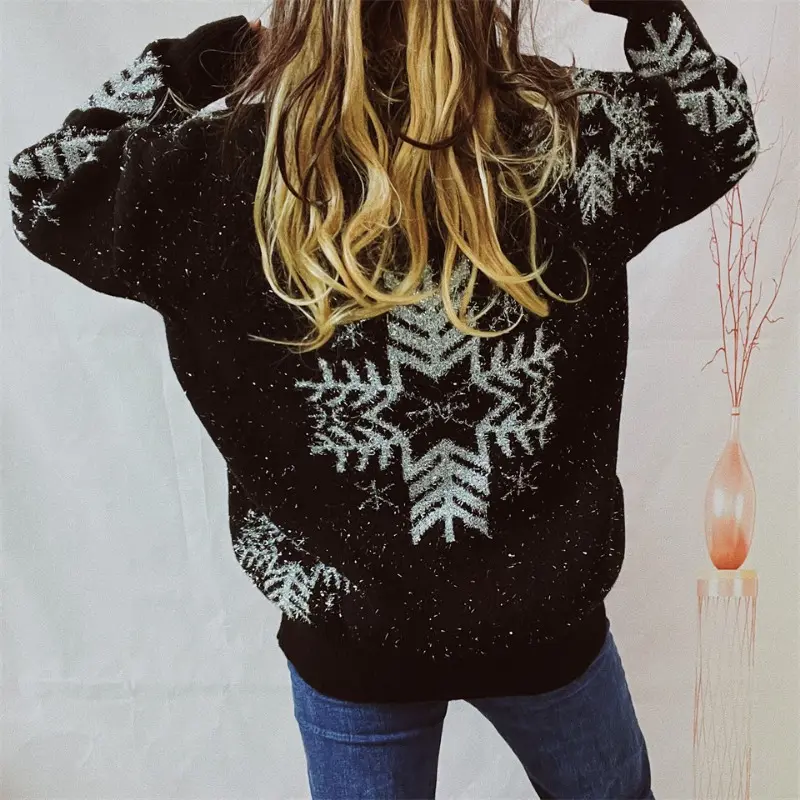 2024 Women's Pullover Sweaters Christmas Snowflake Print Crewneck Sweater Casual Warm Knitwear Sweaters Winter Casual Relaxed