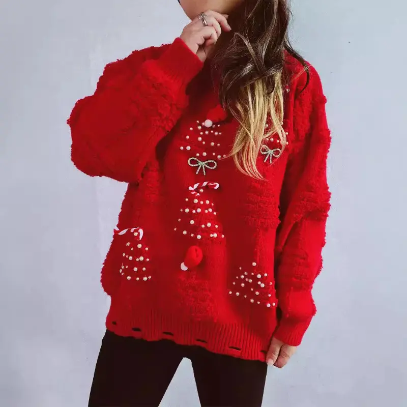 Handmade Pearl Christmas 3D Decorative Flocking Sweater Thick Crew Neck Solid Color Handmade Christmas Theme Casual Relaxed