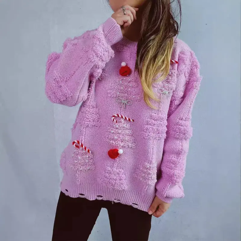 Handmade Pearl Christmas 3D Decorative Flocking Sweater Thick Crew Neck Solid Color Handmade Christmas Theme Casual Relaxed