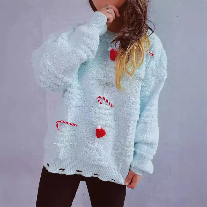 Handmade Pearl Christmas 3D Decorative Flocking Sweater Thick Crew Neck Solid Color Handmade Christmas Theme Casual Relaxed