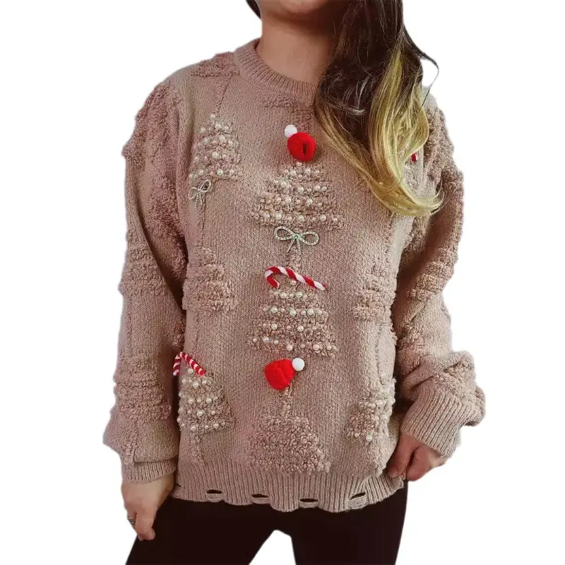 Handmade Pearl Christmas 3D Decorative Flocking Sweater Thick Crew Neck Solid Color Handmade Christmas Theme Casual Relaxed