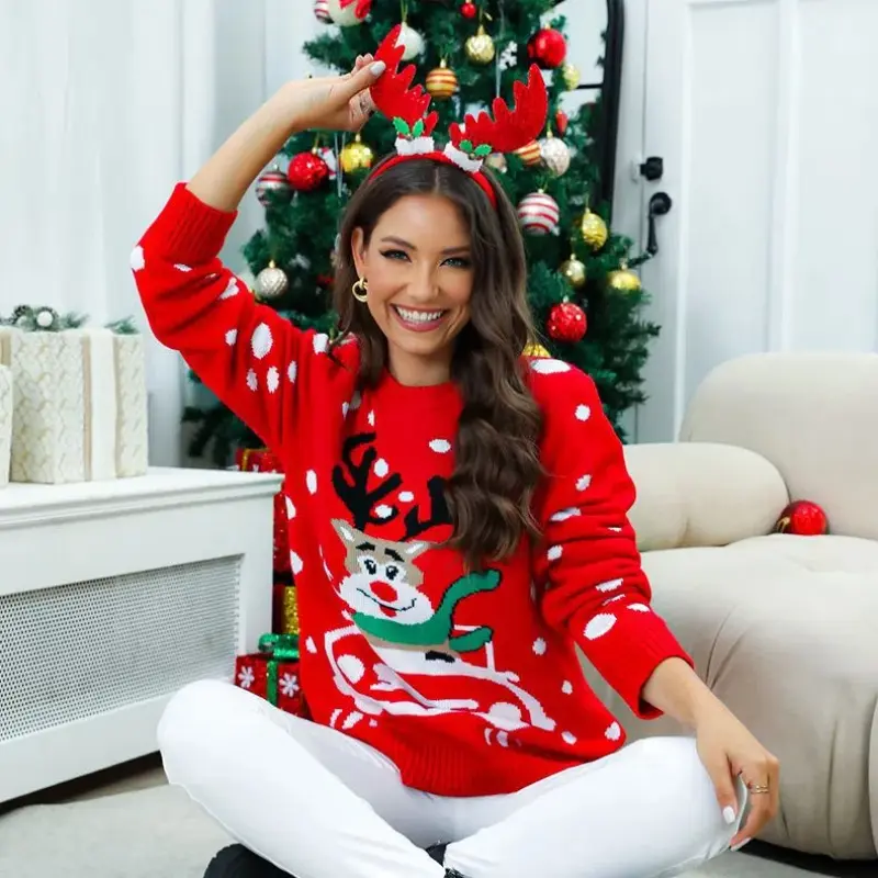 Women Christmas Elk Sweaters Knitted New Year Autumn Winter Loose Lady Casual O-neck Long Sleeve Pullover Clothing