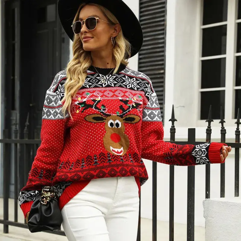 Women Autumn and Winter Fashion New Crew Neck Sweater Printin Geometry Splicing Elegant Temperament Versatile Long-sleeved Tops