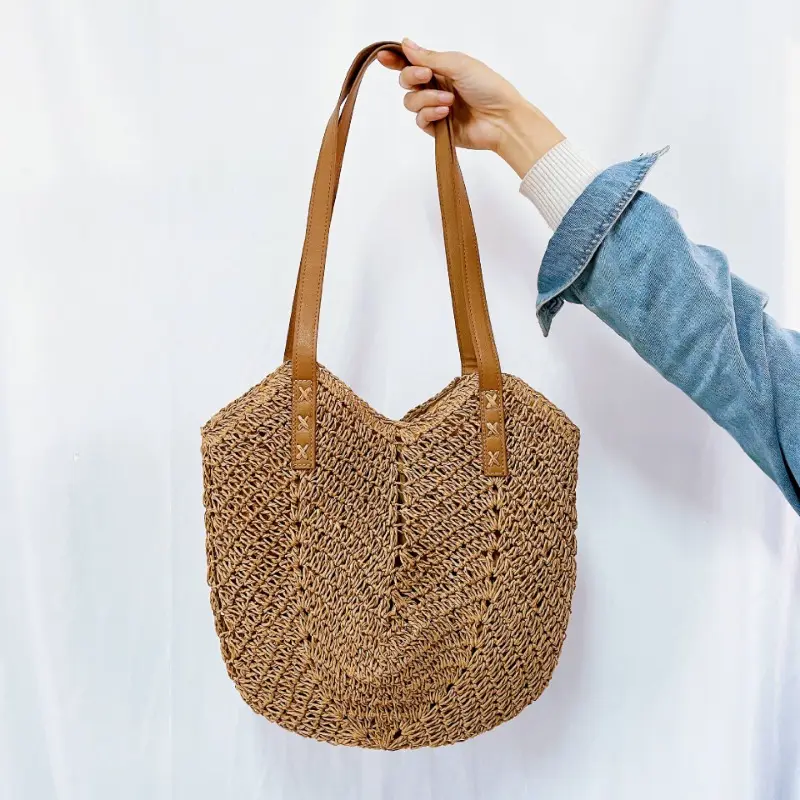 Summer Straw Bags for Women Straw Shoulder Bags Rattan Woven Top Handle Bag Hollow Raffia Crochet Beach Bag Casual Handbags