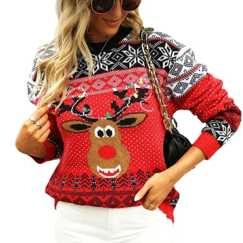 Women Autumn and Winter Fashion New Crew Neck Sweater Printin Geometry Splicing Elegant Temperament Versatile Long-sleeved Tops