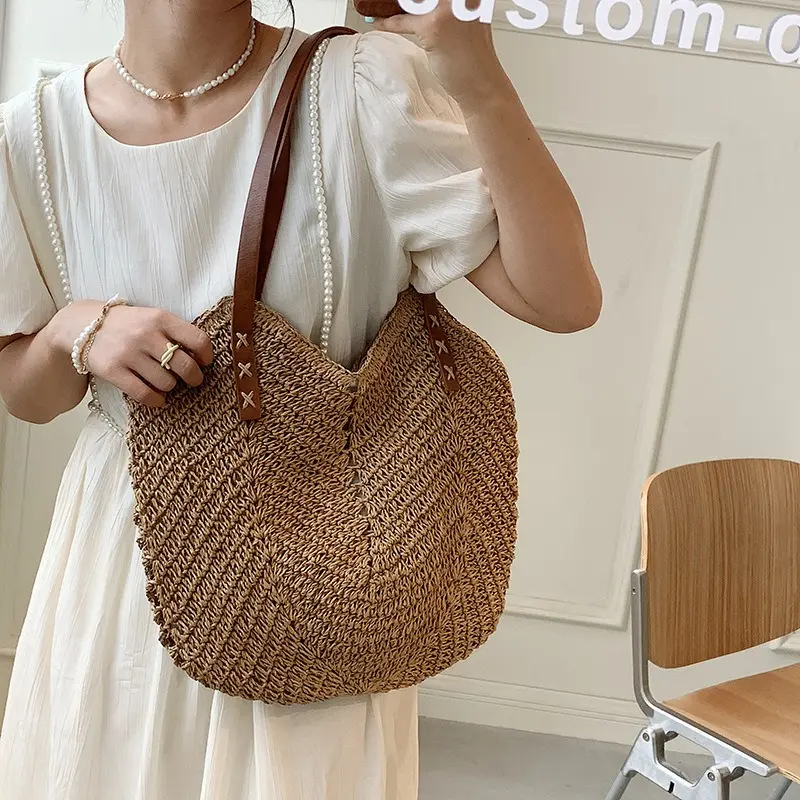 Summer Straw Bags for Women Straw Shoulder Bags Rattan Woven Top Handle Bag Hollow Raffia Crochet Beach Bag Casual Handbags