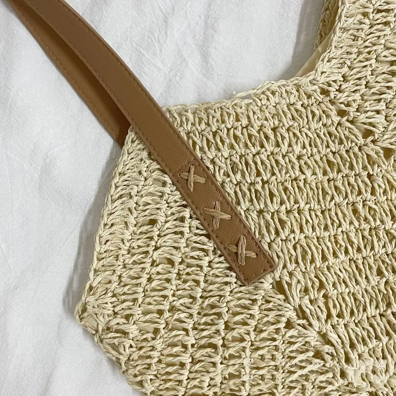 Summer Straw Bags for Women Straw Shoulder Bags Rattan Woven Top Handle Bag Hollow Raffia Crochet Beach Bag Casual Handbags