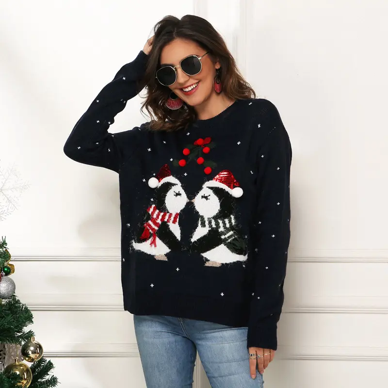Women's Funny Cartoon Sequins Christmas 3D Decoration Knitted Sweater Winter Trendy Casual Long Sleeve Loose Tops Jumpers