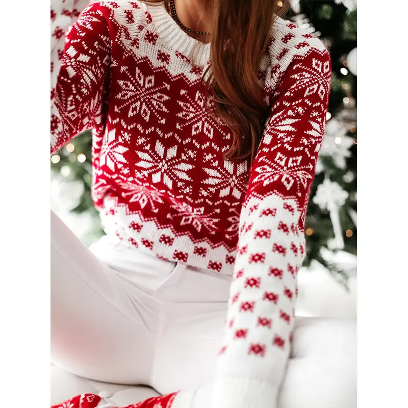 Women Sweater Christmas Snowflake Knitted Long Sleeve O Neck Ladies Jumper Fashion Casual Winter Autumn Printed Pullover Clothes