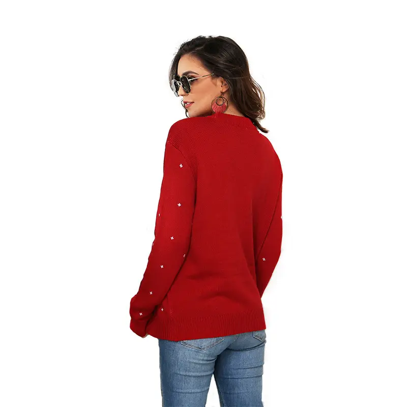 Women's Funny Cartoon Sequins Christmas 3D Decoration Knitted Sweater Winter Trendy Casual Long Sleeve Loose Tops Jumpers