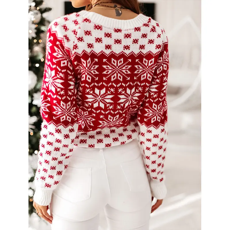 Women Sweater Christmas Snowflake Knitted Long Sleeve O Neck Ladies Jumper Fashion Casual Winter Autumn Printed Pullover Clothes