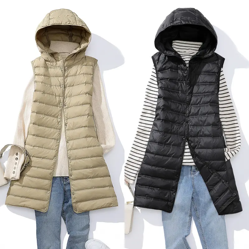 New Women Autumn Winter Ultra Light Duck Down Vests Seemless Hooded Long Jackets  Sleeveless Puffer Waistcoat Basic Parkas