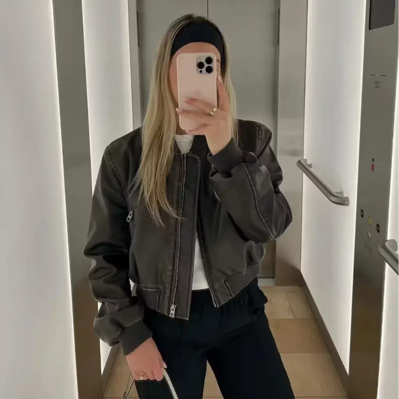 Short Slim Fit New Collar Bicycle Pilot Jacket Leather Jacket Stand Up Collar Motorcycle Pilot Jacket Leather Clothing