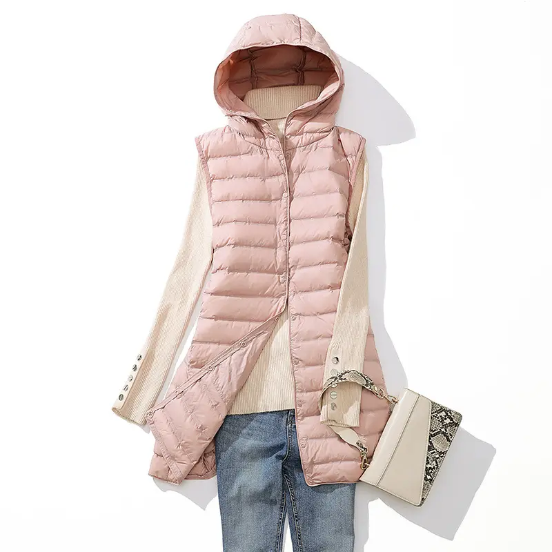 New Women Autumn Winter Ultra Light Duck Down Vests Seemless Hooded Long Jackets  Sleeveless Puffer Waistcoat Basic Parkas