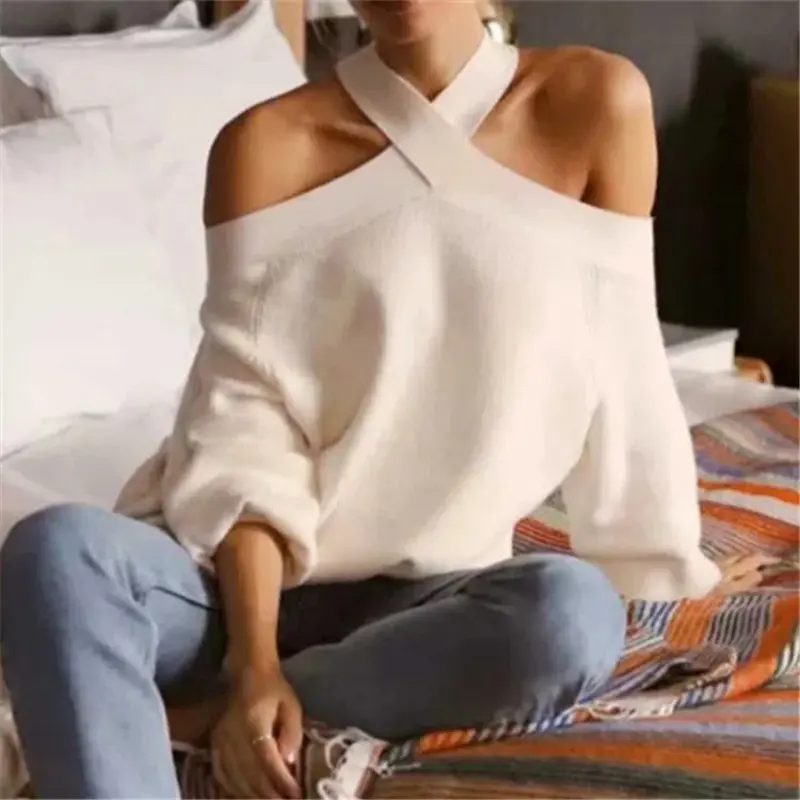 Women's Halter Collar Off Shoulder Knit Sweater Autumn and Winter New Trendy Chic Lantern Sleeve Pullover Sweater