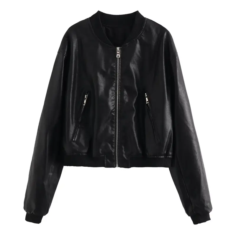 Short Slim Fit New Collar Bicycle Pilot Jacket Leather Jacket Stand Up Collar Motorcycle Pilot Jacket Leather Clothing