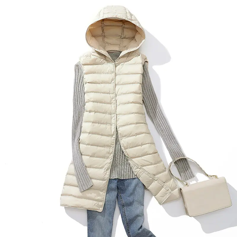 New Women Autumn Winter Ultra Light Duck Down Vests Seemless Hooded Long Jackets  Sleeveless Puffer Waistcoat Basic Parkas