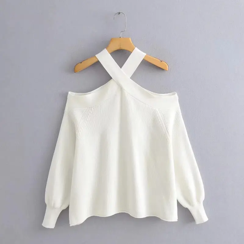 Women's Halter Collar Off Shoulder Knit Sweater Autumn and Winter New Trendy Chic Lantern Sleeve Pullover Sweater